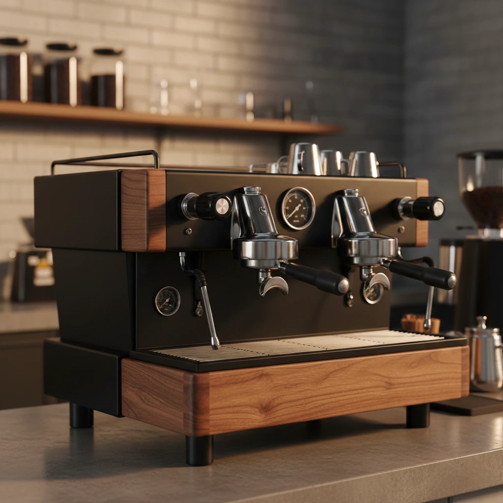 ری‌فیس اسپرسوساز صنعتی با طراحی سفارشی، هماهنگ با هویت بصری کافه، نمای مینیمال و لوکس